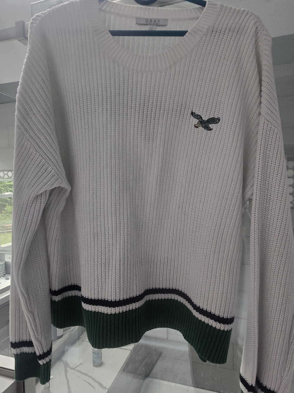 Eagles White Crewneck Sweater with Green Trim